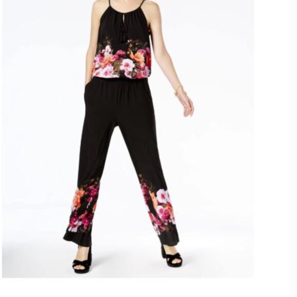 INC International Concepts Pants - Inc Black Floral Wide Leg Sleeveless Jumpsuit Vacation Resort Cruise Size XL